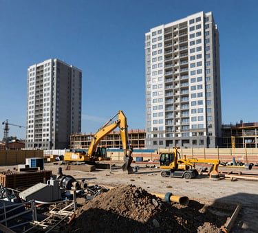 A professional wide-angle shot of a construction site in a Stredoeurópsky / Slovenský urban area with modern equipment and a clean blue sky, reflecting industrial reliability.