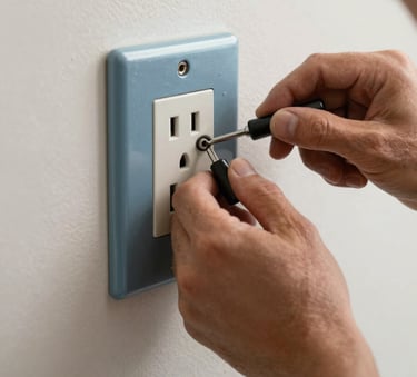 Close-up photography of a high-quality electrical outlet being expertly installed into a wall by a technician, clean and precise work, North American / US Gulf Coast home interior, steel blue and off-white color palette.