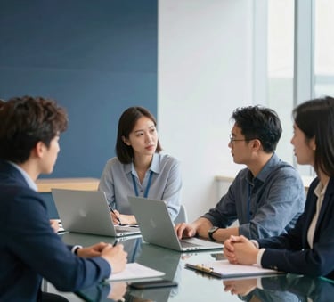 A clean, minimalist photography of a modern collaborative workspace in a North American corporate setting. Professionals are seen in soft-focus discussing career goals around a glass table. The lighting is bright and natural, reflecting a sophisticated atmosphere with accents of Dark Blue and Light Blue decor.