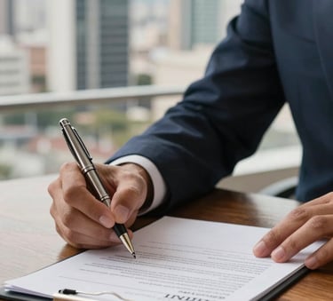 Close-up of hands signing a real estate contract on a polished wooden table, elegant pen, blurred view of a modern Brazilian city skyline in the background, bright professional lighting.