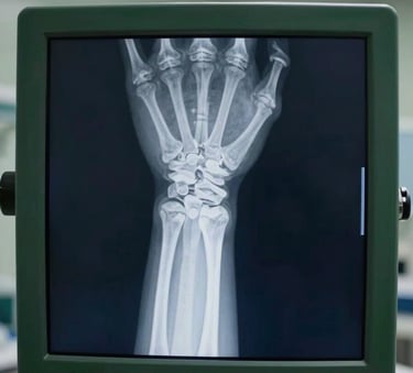 A close-up of a digital X-ray screen showing a detailed bone structure, in a clean medical setting with dark navy and forest green accents.