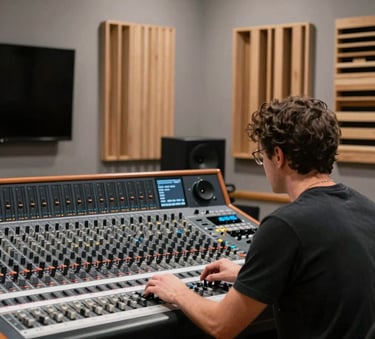 A medium shot of a musician from behind, looking over a large music studio mixing board. The room features a minimalist Scandinavian design with cool grey walls and warm wood acoustic treatments. The focus is on the connection between the person and the gear.