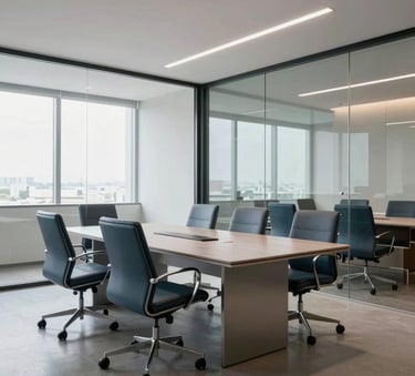 A professional and clean South American / Brazilian office interior in Governador Valadares, showing a modern conference room with glass walls and silver and muted blue furniture.