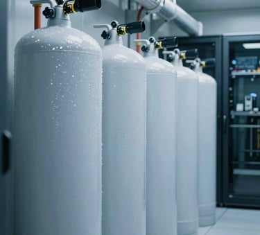 A row of high-pressure gas fire suppression cylinders professionally installed in a clean, modern data center environment with cool ice white and muted steel blue lighting.