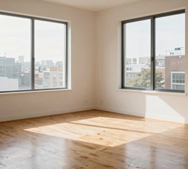 A bright, empty living room in a modern North American / US apartment with polished light wood floors and large windows letting in natural sunlight.