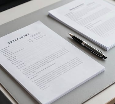 A close-up photograph of a clean, organized desk in a South American corporate office, featuring high-quality paper documents, a professional fountain pen, and a light grey leather desk mat. The lighting is soft and natural, emphasizing a professional and precise atmosphere with slate grey and off-white tones.