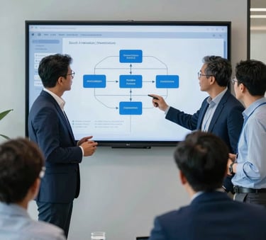 A group of professional IT consultants in a modern South American / Venezuelan office discussing a software architecture diagram on a wall screen, professional attire, sophisticated atmosphere, accents of Royal Blue and Soft Sky Blue in the decor.