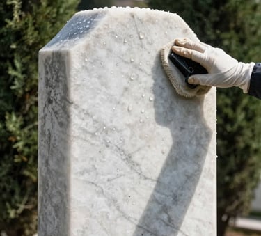 A close-up, high-quality photograph of a white marble gravestone in Istanbul being professionally cleaned, water droplets reflecting the sunlight, surrounded by lush green cypress trees, serene and respectful atmosphere, professional photography.