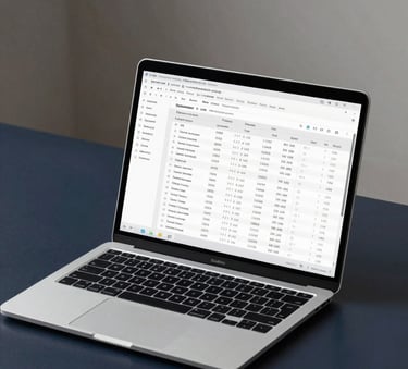 A sleek modern laptop displaying professional tax software and spreadsheets sitting on a dark navy desk in a minimal office.