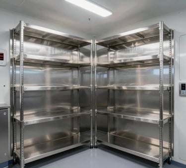 A high-end, stainless steel industrial marine cold room interior on a luxury vessel, featuring professional shelving and efficient LED lighting, clean and minimalist aesthetic.