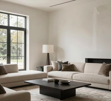 A high-end North American residential living room featuring flawless interior painting and perfectly repaired drywall, soft natural light through large windows, minimalist luxury furniture, professional photography.