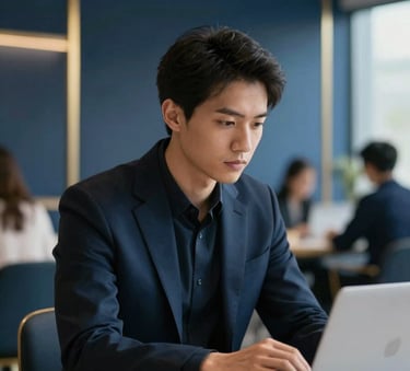 A focused entrepreneur working in a minimalist, high-end modern coworking space. The composition uses corporate navy blue tones with metallic gold architectural highlights. Sophisticated Fintech vibe.