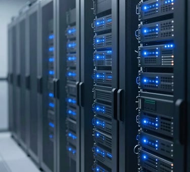 A clean and modern high-tech server room with glowing blue LED indicator lights, symbolizing secure and scalable system integration, using a professional palette of #0E1A2C and #3D5A7F.