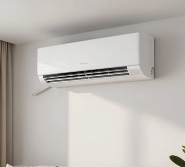 A sleek, modern wall-mounted split air conditioner in a bright, minimalist South American living room. The lighting is soft and natural, emphasizing the clean white surfaces and professional installation.