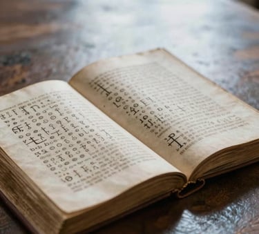 A close-up photograph of an open ancient manuscript with faint alchemical symbols, resting on a wooden table in a room filled with Soft Sky Grey light and Muted Steel Blue shadows, creating a reflective and academic mood.