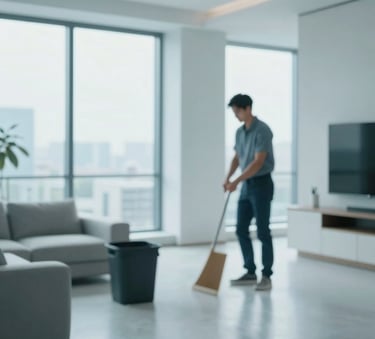 A high-end apartment interior after a professional clean-out, featuring polished surfaces, spotless windows, and a minimalist aesthetic. Lighting is bright and professional, with cool blue #8EA4AF accents in the decor.
