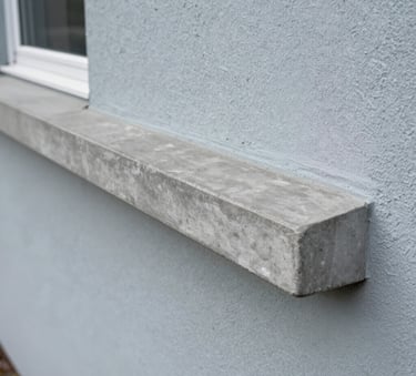 A high-quality finished cement window sill on a stucco house in North American / Florida, showing a smooth dusty gray surface and perfect edges against a light blue-gray wall.