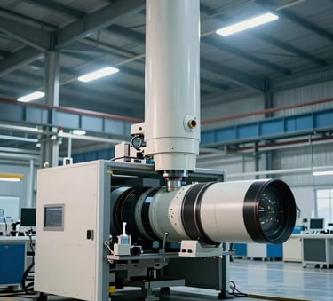 A wide-angle professional photograph of a technical beam detector installed on the high ceiling of a modern textile manufacturing plant in a North American / International industrial zone, illuminated by soft light blue and off-white lighting.