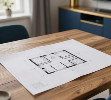 A crisp, close-up photograph of a modern Northern European home interior with architectural plans on a wooden table, soft natural morning light, emphasizing a sense of renewal and investment, navy blue and gold accents in the decor.