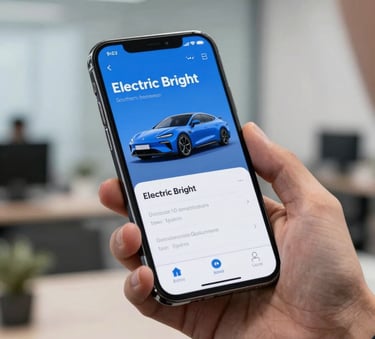 A high-end modern smartphone displaying a sleek automotive appraisal application, held by a professional in a modern Southern European / Spanish office. The screen shows a clean interface with the Electric Bright Blue color scheme.