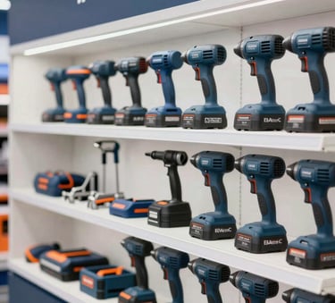 An organized display of high-quality professional power tools and hand tools in a modern retail showroom, featuring brand colors #1A202C and #3A506B, bright clean lighting.