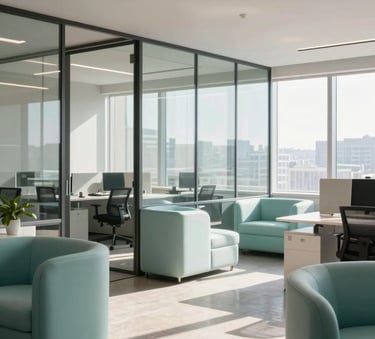A bright, open-plan Global / International office space with glass partitions and Pale Teal furniture accents. The atmosphere is clean, airy, and professional with soft morning sunlight.