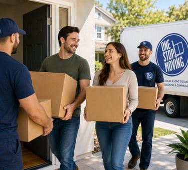 Professional movers with One Stop Moving help a happy couple carry cardboard boxes into their new home.