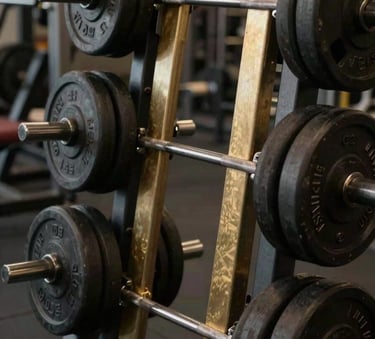 A close-up photograph of a heavy barbell rack with muted gold-plated weights and jet black iron, soft cinematic lighting in a luxury gym setting.