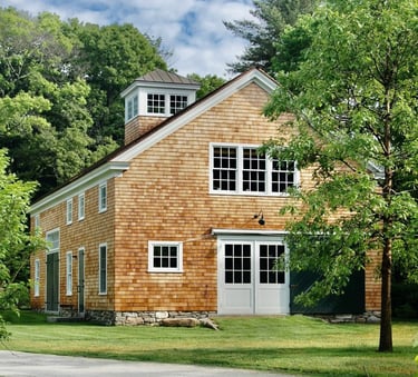 1800 oak timber frame barn, cedar shingles, cupola, Essex Green doors, Concord MA, Erica Fossati Design