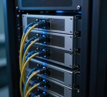 Close up of high-quality server hardware in a data center, soft blue LED lighting, organized cables, professional and trustworthy feel, Australian / Oceanic context.