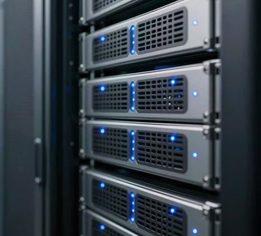 Macro photography of a high-tech server room in a Northern European data center with soft blue indicator lights, representing technical expertise and security, shallow depth of field, cool grey and steel blue color palette.