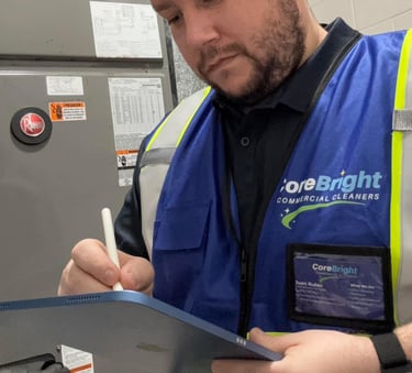 Maintenance worker in blue vest working hear hvac unit