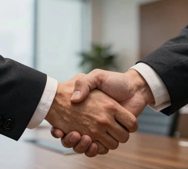 A close-up shot of a professional handshake in a modern Brazilian boardroom. Soft natural light highlights the high-quality textures of the suits and the sophisticated office environment.
