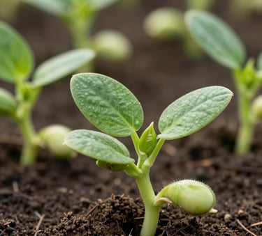Macro photography of healthy, deep green soybean sprouts emerging from rich, dark fertile soil. The lighting is bright and natural, highlighting the texture of the leaves and the quality of the earth. Professional, clean composition with medium green and light green tones.