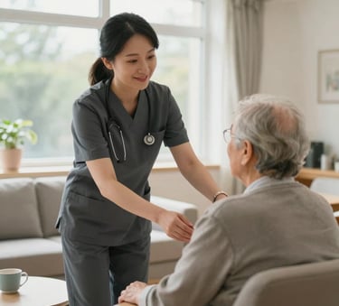 A compassionate healthcare assistant in a charcoal uniform assisting an elderly person in a bright and airy UK care home lounge, soft natural daylight from a large window, professional and clean atmosphere.