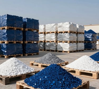 A wide shot of an organized industrial warehouse in a Middle Eastern / Egyptian with Global Reach industrial zone, featuring stacked pallets of raw minerals under cool, clear daylight. The scene uses tones of Deep Ocean Blue and Cool Off-white.