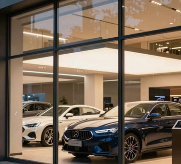 A sophisticated automotive showroom in Brazil seen through a modern glass window, soft warm lighting, professional atmosphere, platinum and navy blue accents.