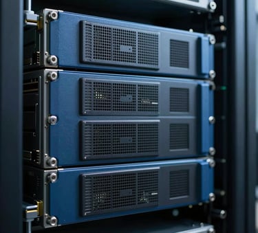A close-up photograph of high-end server hardware in a data center with blue and dark gray accents, Global / International setting, professional and technical atmosphere.
