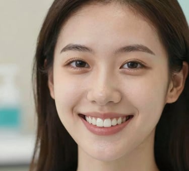 A close-up, professional photograph of a happy patient with a bright, natural smile. The lighting is soft and warm, reflecting a high-end dental clinic atmosphere. Subtle background colors include #F8FDFE and #9DC3C2.