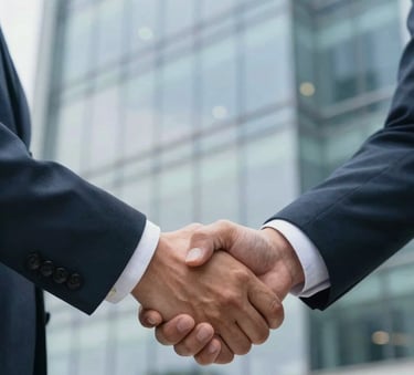 A close-up of two professionals in a North American / US corporate office shaking hands firmly, soft focus on a modern glass-walled background, incorporating slate blue and cloud white tones.