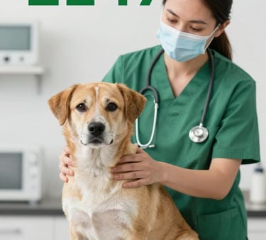 A compassionate veterinary professional gently examining a rescued dog, looking trustworthy and caring, incorporating brand colors #2E473C, #5C7B6C, #A4BBAA, #F4F6F4.