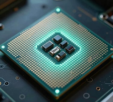 A close-up photograph of a futuristic processor unit glowing with soft teal light on a dark glass surface, embodying high-tech precision, Global / Modern.