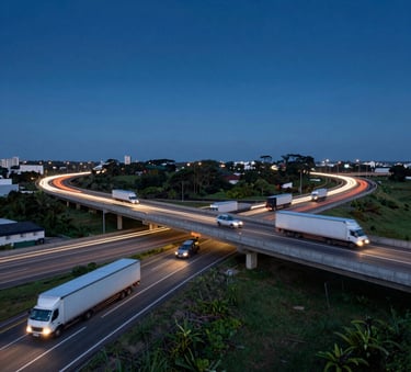 A wide-angle photography shot of a modern highway interchange in Brazil during dusk, with trails of lights from passing trucks, clean composition, professional logistics atmosphere with deep navy and steel blue sky.