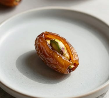 A minimalist, high-end close-up of a single artisanal stuffed date with pistachios on a matte light gray ceramic plate, natural sunlight, professional food photography style, Global Halal Market setting.