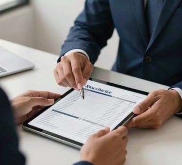 Close-up of professional hands in business attire reviewing an audit checklist on a tablet in a minimalist Latin American office. Soft natural lighting, deep navy blue and off-white office accents.