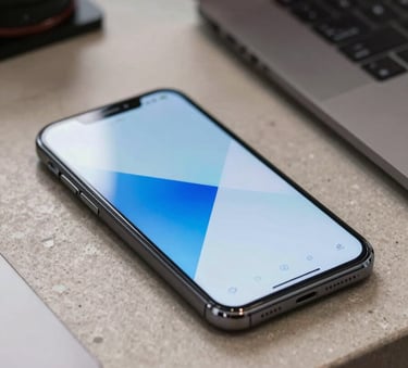 Close-up photography of a sleek Android smartphone resting on a polished stone surface in a modern Eastern European / Ukrainian tech studio. The screen displays a vibrant, minimalist mobile interface. Professional lighting highlighting soft light blue and off-white reflections.