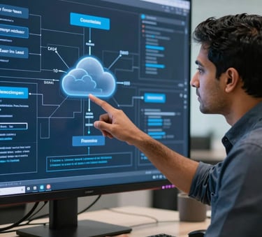 A focused South Asian software lead in a premium corporate office, pointing at a high-resolution screen showing complex cloud architecture. The lighting is professional with steel blue highlights, emphasizing a tech-forward and modern atmosphere.