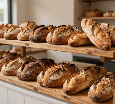 A high-quality photography of a rustic wooden display shelf in a modern South American bakery, showcasing various artisanal sourdough breads and golden baguettes, warm natural light, soft cream and brown tones in the background.