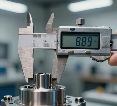 A close-up photograph of a professional measuring tool, a digital caliper, measuring a high-precision metal mechanical component in a modern Spanish industrial facility. The lighting is sharp, emphasizing the metallic textures and the Belize Hole Blue reflections of the equipment.