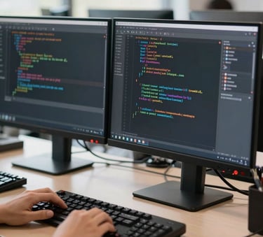 A close-up of a high-tech computer workstation in a bright, modern North American classroom setting, featuring sharp focus on a dual-monitor setup with code and design software visible, soft morning light.